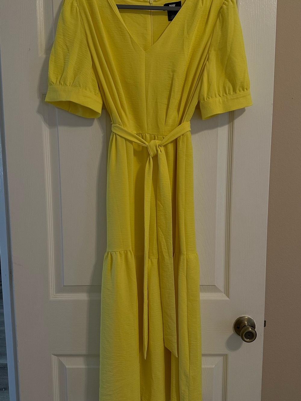 DKNY Yellow Midi Dress Size 14 – Puff Sleeve Tie Waist